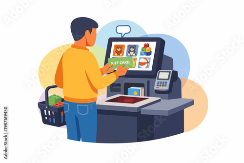 Customer Paying with Gift Card at Self Service Checkout Machine