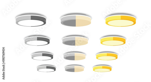 A collection of modern ceiling lights in various colors and designs on a white background