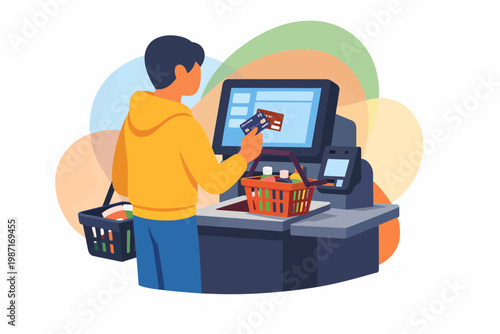 Customer using self checkout terminal for payment in retail store