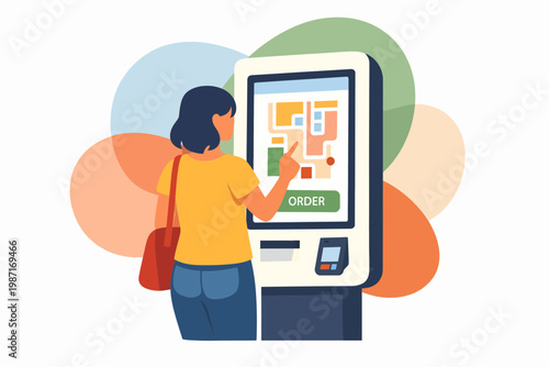 Woman Using Self Service Kiosk for Digital Ordering and Payment