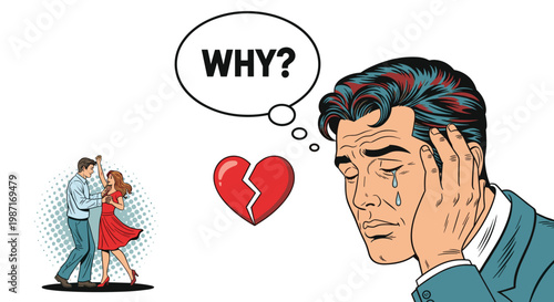 Sad man crying with tears on his face and a broken heart thought bubble while watching another couple dance in the distance.