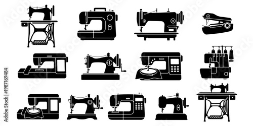 Vintage and modern sewing machine silhouette set, 13 black vector icons for tailoring and fashion design, antique and industrial sewing equipment