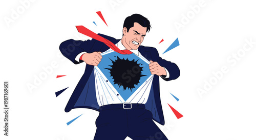 Intense businessman in a blue suit aggressively tears his shirt open to reveal a dark empty void inside his chest in a dramatic pop art style.
