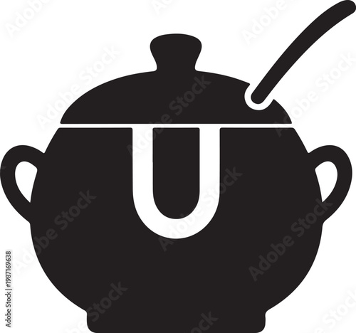 Simple illustration of a covered pot with a spoon on a white background for cooking concepts