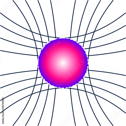 Vibrant pink and purple sphere distorting a dark grid pattern on white background digital Illustration