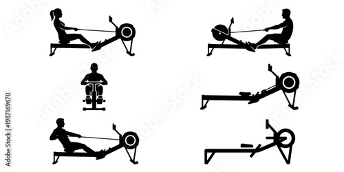 Rowing machine workout silhouettes, gym fitness equipment vector set, people training on indoor rower, cardio exercise icons for health and wellness