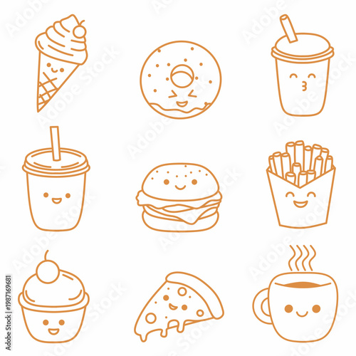 Hand-Drawn Kawaii Fast Food and Snacks Line Art Collection