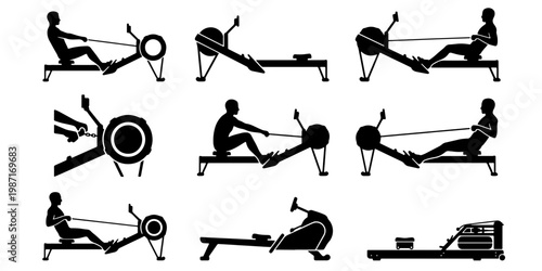 Rowing machine silhouettes set, indoor rower exercise equipment icons, fitness workout silhouettes of people rowing, gym training vector graphics