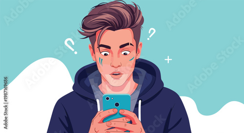 Surprised young man in a dark hoodie is staring at his smartphone screen with a shocked expression against a turquoise abstract background.