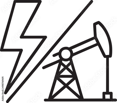 Oil pump jack and lightning energy symbol with lightning, petroleum