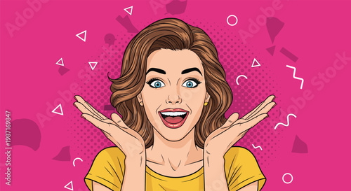 Extremely surprised and excited woman with her mouth open and hands raised is set against a vibrant pink pop art background with shapes.
