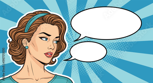 Elegant woman with wavy brown hair and a blue headband looks thoughtfully to the side with two empty speech bubbles in a pop art style.