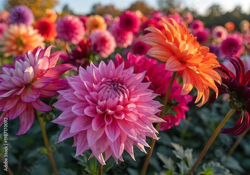 Field of blooming dahlias in pinks and oranges with detailed petals botanical colorful