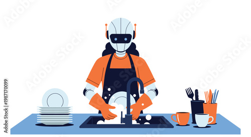 Modern domestic robot wearing an orange apron is diligently washing dishes in a kitchen sink in a clean flat illustration style.