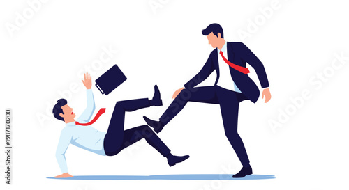 Cruel businessman in a dark suit is kicking another falling colleague who has lost his briefcase in a simple silhouette style.