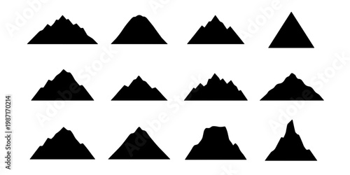 Minimalist mountain silhouette icons, set of 12 black peak vector shapes, geometric nature landscape elements for outdoor logo design and branding