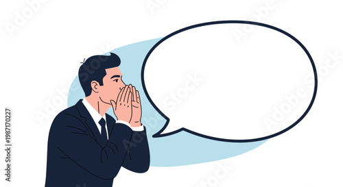 Profile of a businessman in a dark suit is shouting or whispering into a massive empty speech bubble for important announcements.