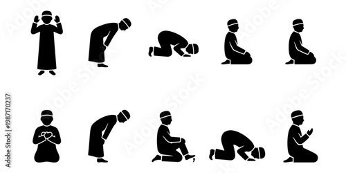 Islamic prayer positions silhouette set, Muslim man performing Salah steps, black vector icons of religious worship movements and postures