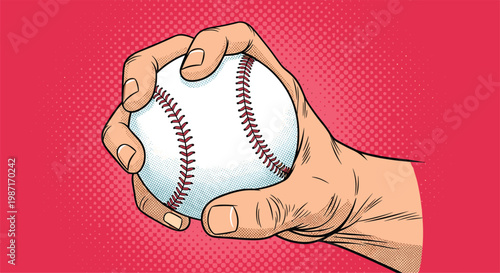 Detailed illustration of a person's hand firmly gripping a white baseball with red stitching against a vibrant pink halftone background.
