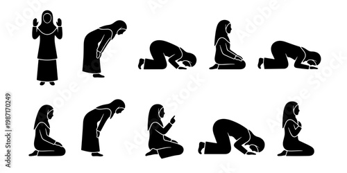 Muslim woman praying silhouette set, Islamic prayer positions and Salah movements vector, black female figures in hijab performing Namaz