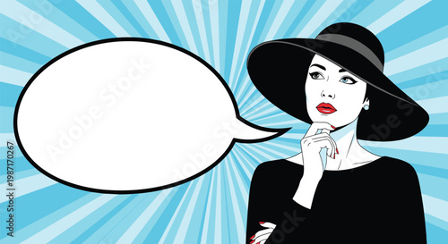 Sophisticated woman wearing a wide brimmed black hat and dress is thinking deeply next to a large blank speech bubble on blue.