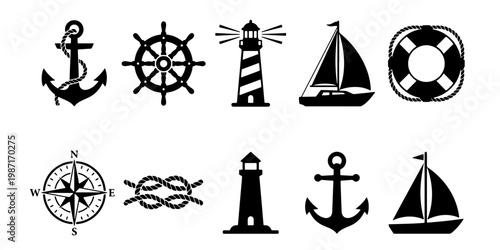 Nautical black silhouette icons set, 10 maritime vector elements with anchor and lighthouse, sea travel and sailing symbols for logo design