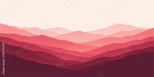 Abstract red mountain landscape with layered hills and soft gradient sunset background