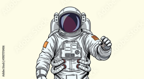 Detailed illustration of an astronaut in a full space suit is reaching forward against a simple light cream background for text space.