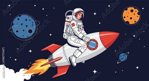 Adventurous female astronaut in a space suit is riding a red and white rocket through the starry universe past colorful planets.