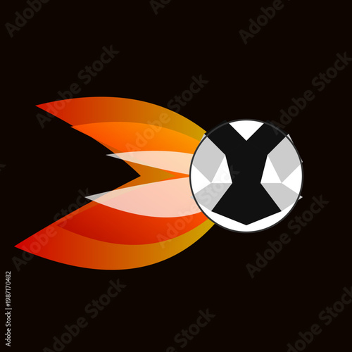 High speed soccer ball flying with a burning orange fire trail on a black background Illustration