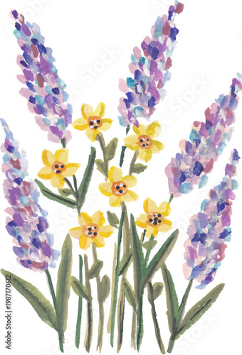 Lavender and daffodil hand drawn watercolor art