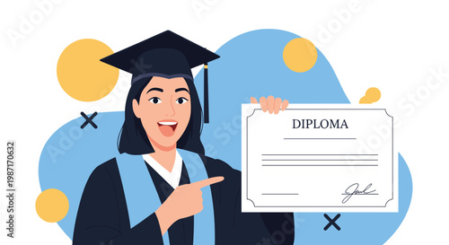 Happy young woman in graduation cap and gown proudly holding and pointing to her academic diploma certificate on a blue background.