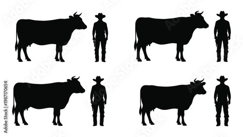 Silhouettes of cows and cowboys arranged in a repeating pattern against a white background