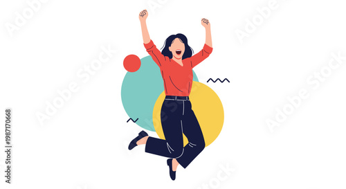 Energetic young woman jumping high in the air with arms raised celebrating success and happiness against colorful abstract circles.