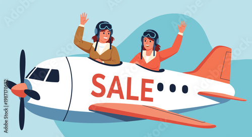 Two cheerful female pilots flying a white propeller airplane with large red sale text on the side through a light blue sky.