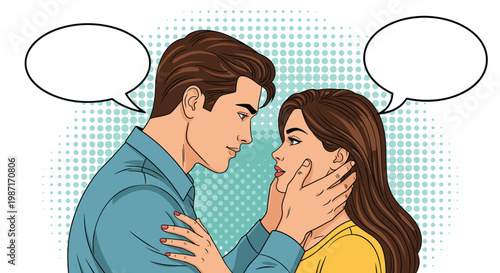 Romantic couple looking into each other's eyes with empty speech bubbles in a classic pop art comic book style on a dotted background.