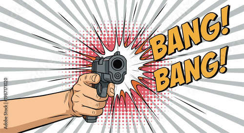 Human hand holding a handgun aimed directly at the viewer with loud bang onomatopoeia and comic book action effects background.