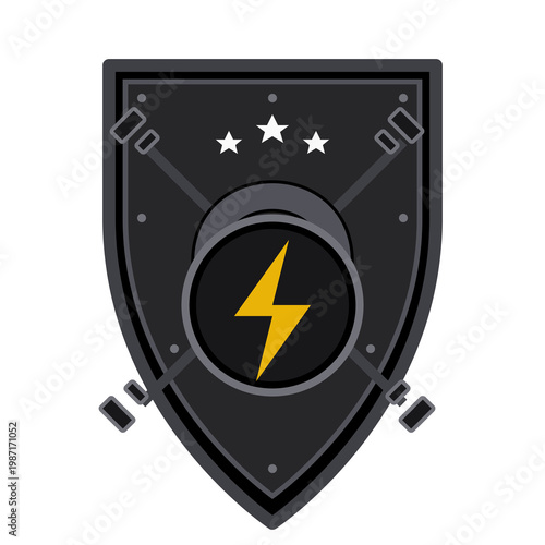 Professional fitness gym logo with a black shield crossed barbells stars and yellow lightning Illustration