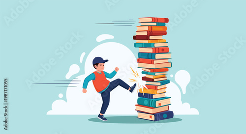 Young boy wearing a cap and vest kicking a very tall precarious stack of colorful books causing it to shake on a light blue background.