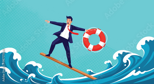 Stressed businessman in a suit trying to balance on a wooden board while surfing big waves and holding a red and white lifebuoy.