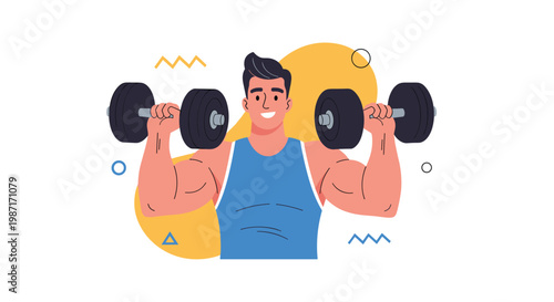 Muscular man in a blue tank top smiling while lifting two heavy black dumbbells over his shoulders on a white background with shapes.