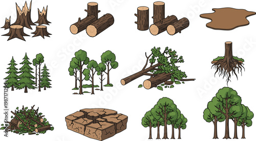A collection of cartoon forestry elements depicts felled trees stumps logs and healthy trees alongside cracked earth and foliage high quality professional detailed