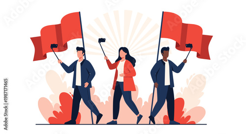 Group of three diverse people walking forward while holding selfie sticks with large red waving flags on a sunburst background.