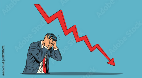 Stressed businessman in a suit holding his head in despair with a large jagged red arrow pointing downwards on a blue background.