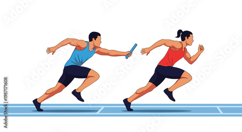 Man and woman athletes running on a blue track during a relay race while handing over a blue baton against a white background.