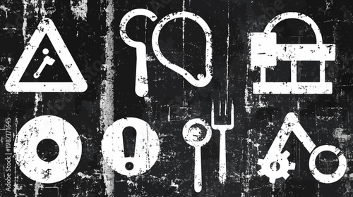 A collection of white abstract shapes against a black, distressed, textured background