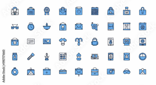 Collection of blue and white icons representing various objects and concepts.