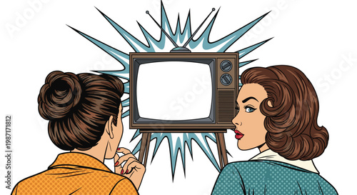 Two young women from the back viewing an old vintage television set with a glowing white screen and starburst effect.