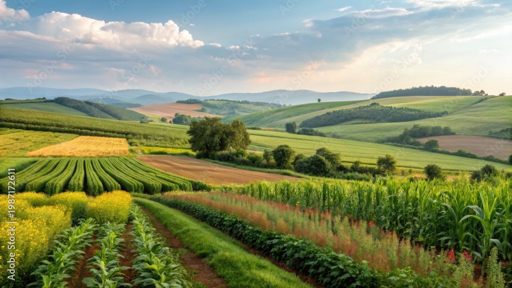 Fototapeta premium A vibrant rural landscape with rolling hills, diverse crops, and a partly cloudy sky during a serene day.