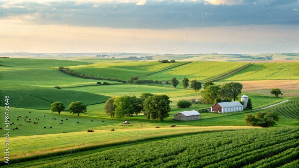 Fototapeta premium A peaceful rural farm with green fields, grazing sheep, and a red barn under a partly cloudy sky at sunset.